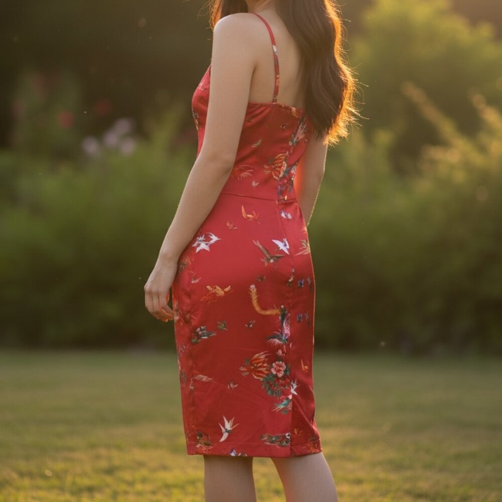 Wheels & Dollbaby Red Satin Bird & Floral Print Bodycon Slip Dress AU 12 US 8 - Picture 4 of 13